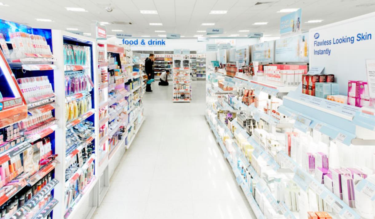 Inside Boots, showing a nice looking and well stocked shop.
