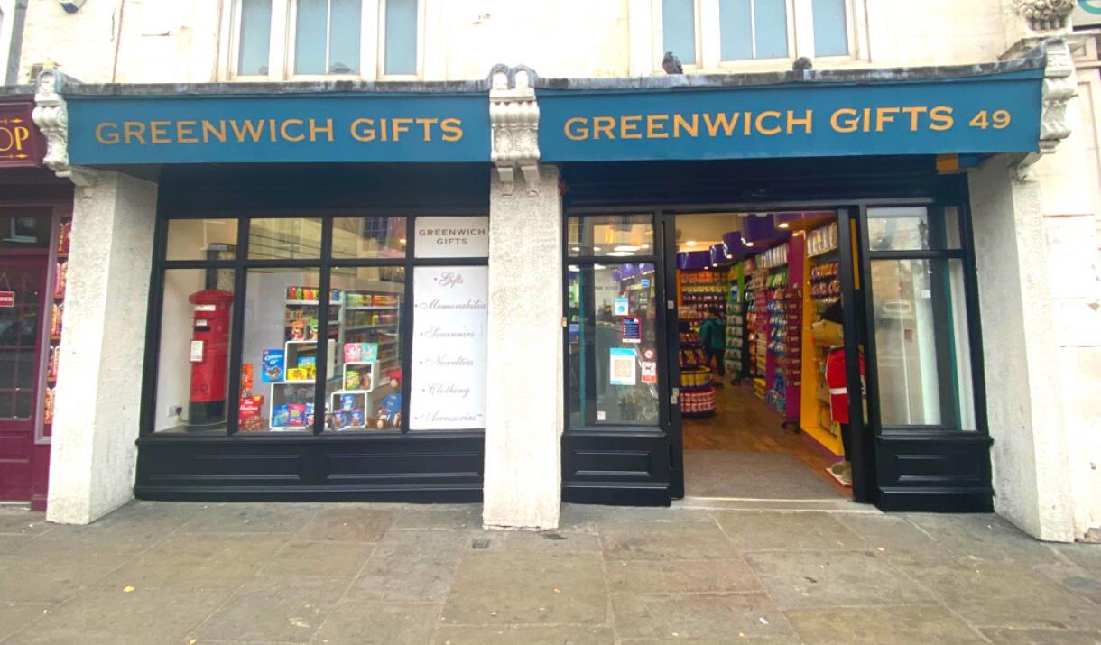 Outside Greenwich Gifts, showing a unique gift shop with lots to explore.