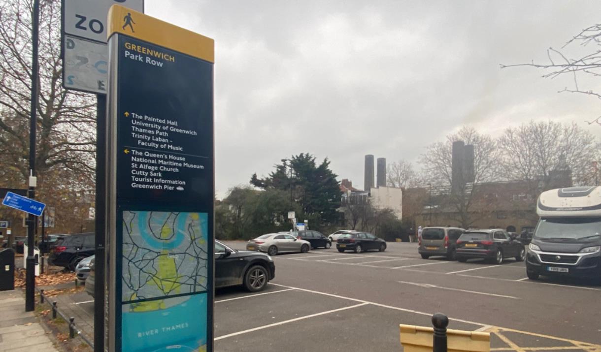 Park Row Car Park in Greenwich. Showing a medium sized car park with disabled and non disabled bays.