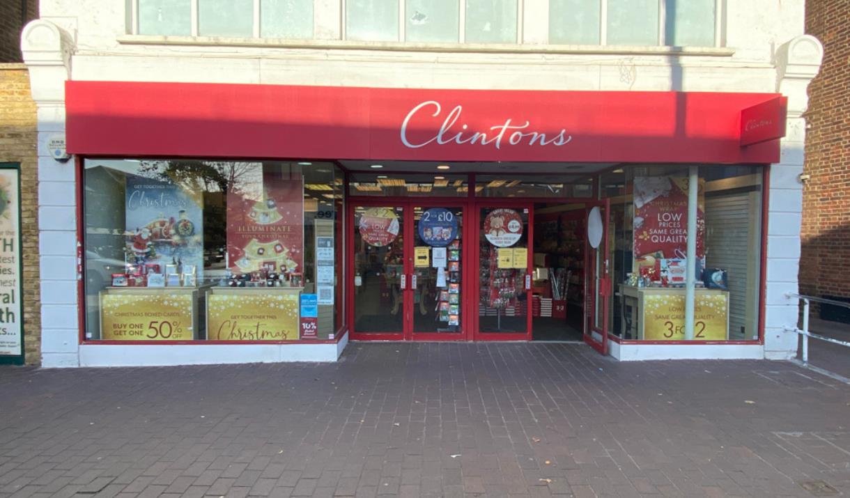 Clinton Cards Eltham. Showing a red and white building.