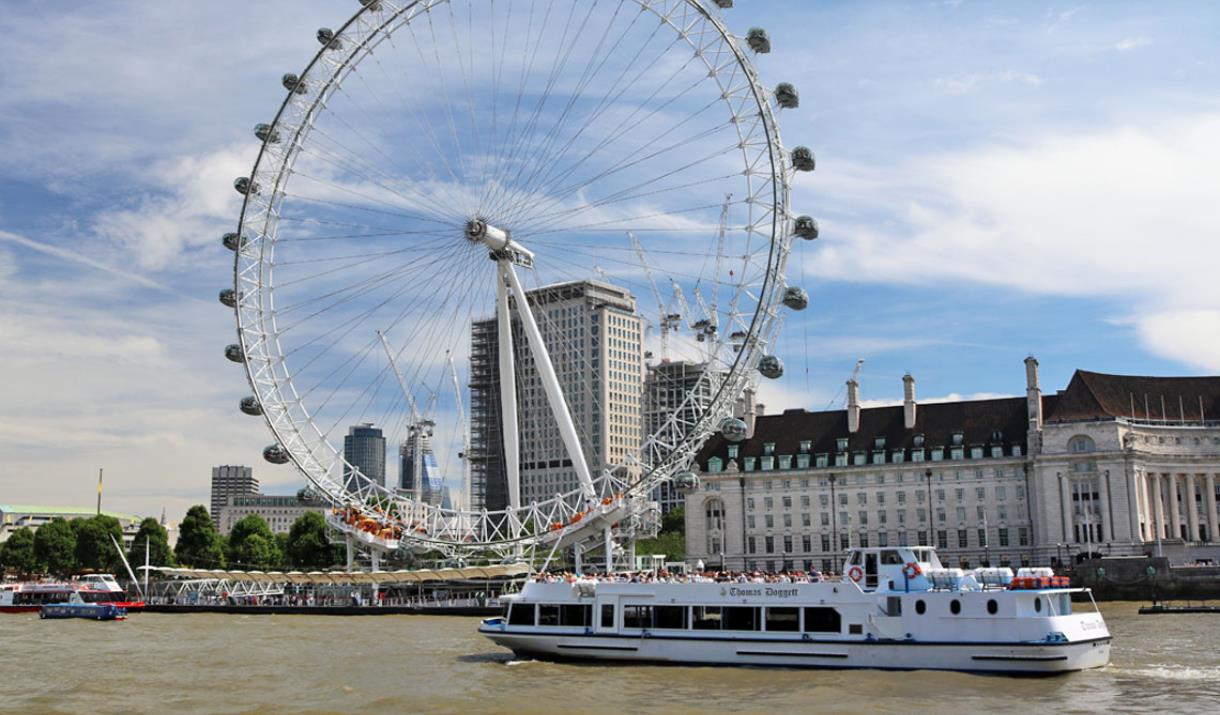 A Viscount Cruises boat sailing past the London Eye.