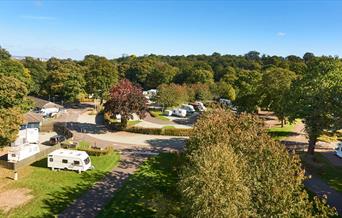 Abbey Wood Park's Caravan site with big green trees around it