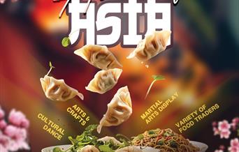 Flyer image of momo dumplings, bowl of noodles and written text with event details