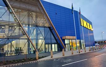 Outside IKEA in Charlton, showing a large and stunning building, also being very modern.