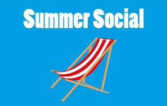 A red and white deck chair on a blue background with the words summer social