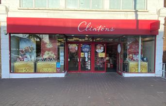 Clinton Cards Eltham. Showing a red and white building.