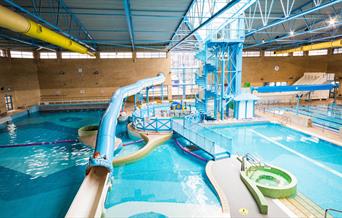 The pool area at the Waterfront Leisure Centre in Woolwich with 25 metre fitness pool, a range of slides and wave machine.