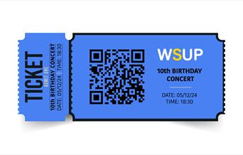 Blue Ticket stub image with black text, QR code and event details for WSUP's 10th Birthday Concert entry
