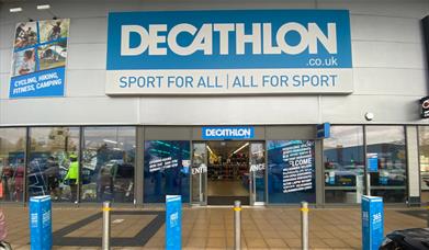 Outside Decathlon in Charlton, a large building with a huge selection of sporting goods.