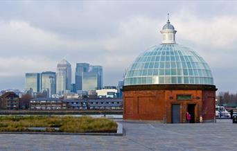 The domed Greenwich Foot Tunnel beside Cutty Sark in Greenwich, London.