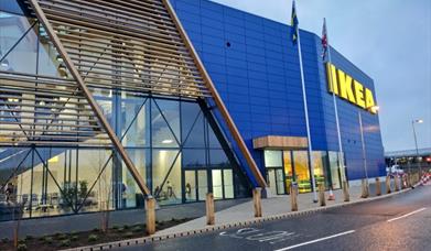 Outside IKEA in Charlton, showing a large and stunning building, also being very modern.