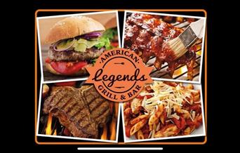 Legends American Grill & Bar favourites including Memphis Ribs, T-Bone Steak, Empire S0tate Burger and pasta.