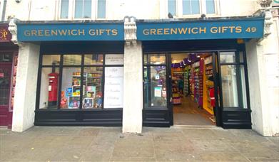 Outside Greenwich Gifts, showing a unique gift shop with lots to explore.