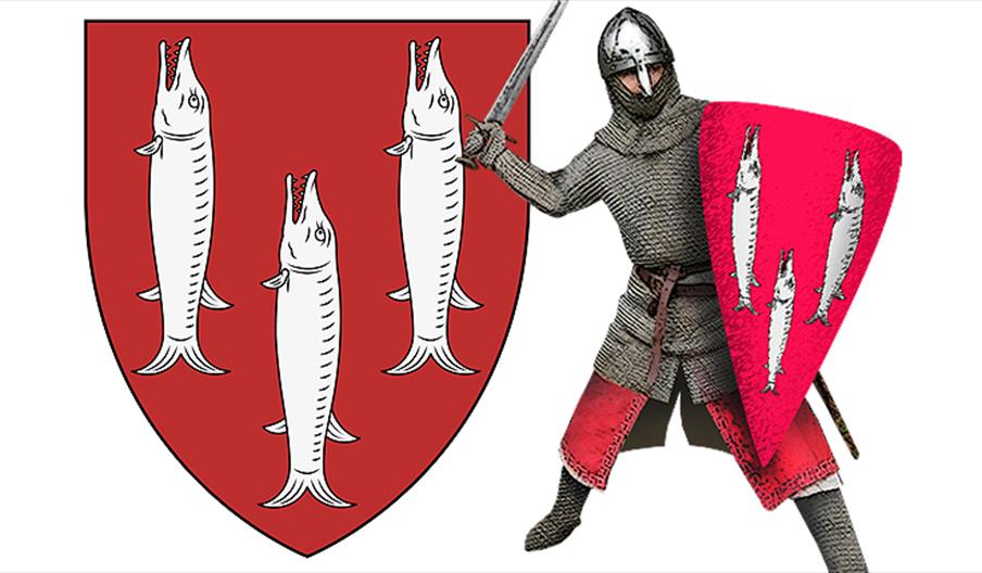 The del Lucy family arms of three pikes and a knight in typical 12th century mail armour.