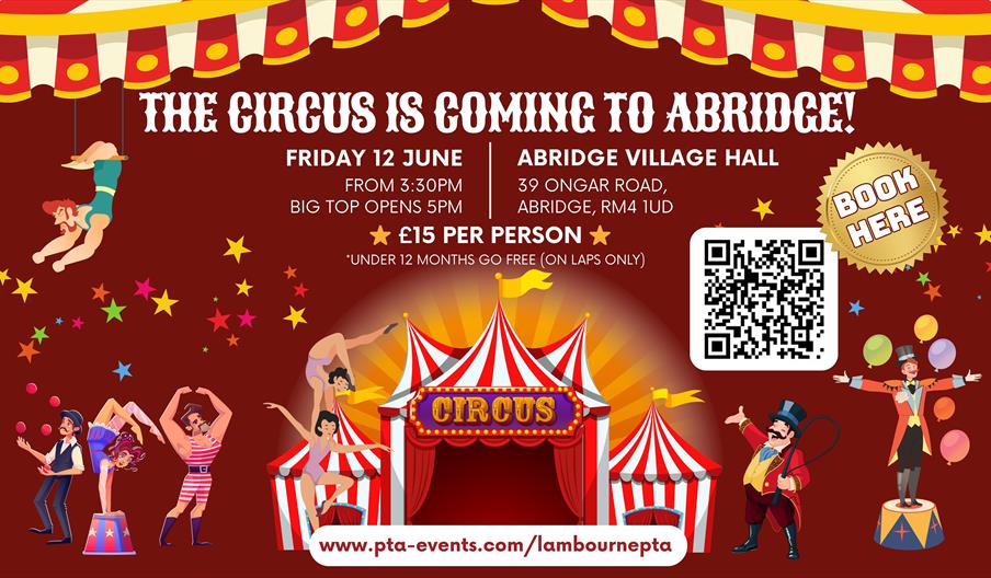 The circus is coming to abridge poster with picture of circus tent and the entertainers
