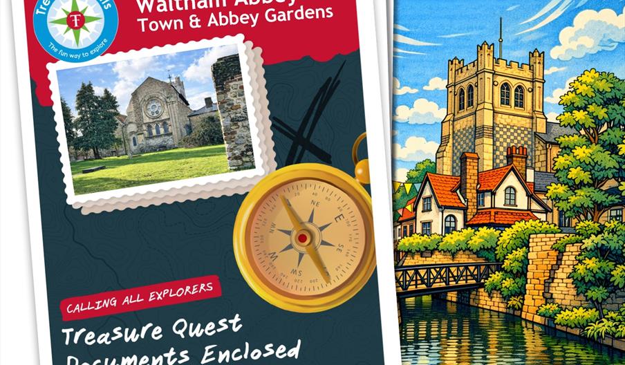 Copy of Waltham Abbey Treasure Trail front cover and artists design of Waltham Abbey and gardens