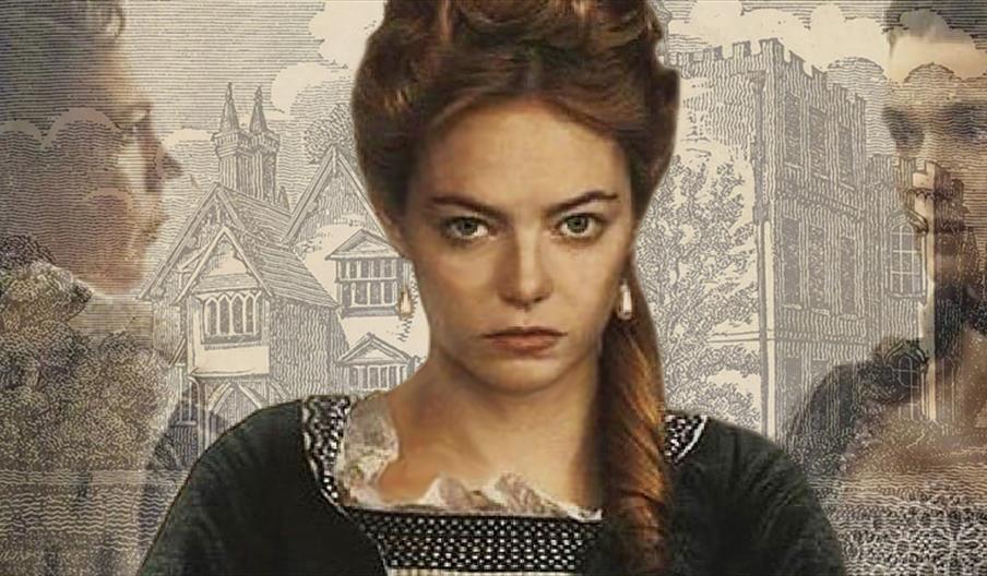 Abigail Hill, to become Abigail Masham, as portrayed by Emma Stone in "The Favourite". In the background is Otes Hall, the real Abigail's future home.