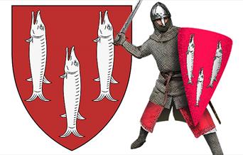 The del Lucy family arms of three pikes and a knight in typical 12th century mail armour.