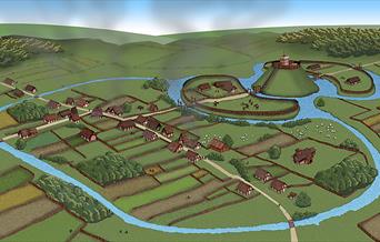 Medieval Ongar showing the village layout, mound for the castle, church and main street, still visible today.