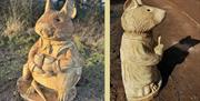 Sculptures of Mr Apple and Mr Toadflax along the Brambly Hedge Trail in Epping Forest.