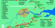 This map shows the defensive line around London stretching from North Weald around to Guilford. Sections are named after the areas they pass through.