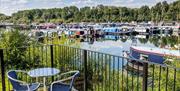 Roydon Marina Boathouse Cafe Bar patio overlooking the lake and moorings