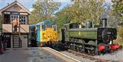 Steam and Diesel stop alongside Ongar Station signal box.