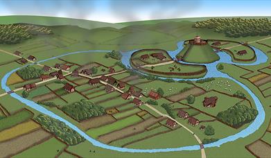 Medieval Ongar showing the village layout, mound for the castle, church and main street, still visible today.