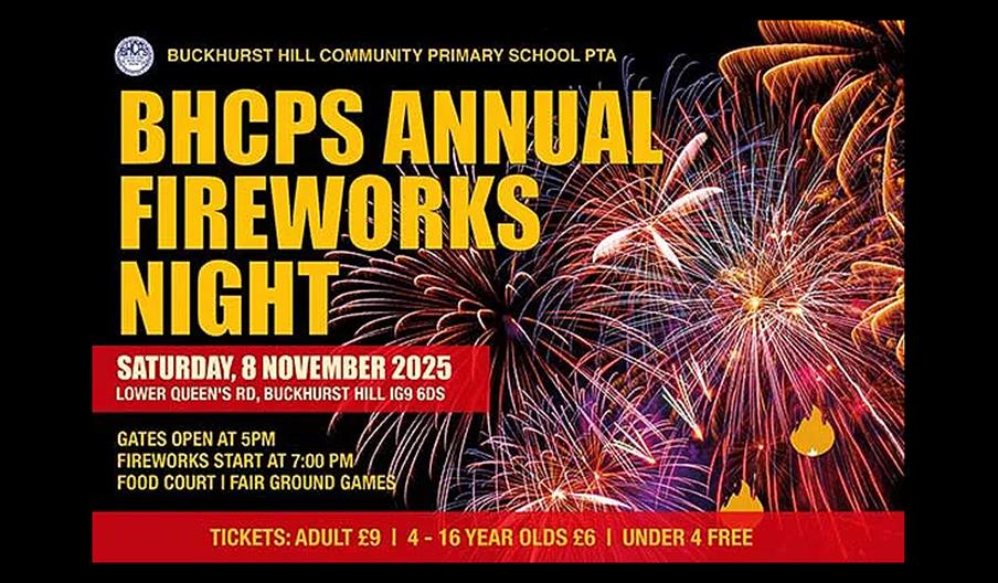 Buckhurst Hill Community Primary School PTA Fireworks and giant bonfire 2025 on Saturday 8th November. Buckhurst Hill Community Primary School PTA Fireworks and giant bonfire 2025 on Saturday 8th November.