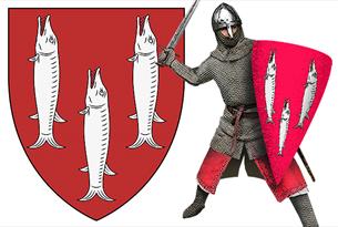 The del Lucy family arms of three pikes and a knight in typical 12th century mail armour.