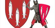 The del Lucy family arms of three pikes and a knight in typical 12th century mail armour.