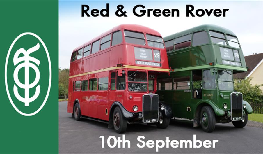 Red and Green heritage buses at North Weald Station