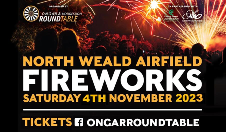 Ongar Round Table presents a firework display at North Weald Airfield on 4th November 2023.