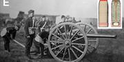 British 15 pounder field artillery with crew and an illustration of a shrapnel shell.