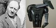 A picture of Epstein in 1934 and an earlier sculpture - The Rock Drill, on view in the Tate.