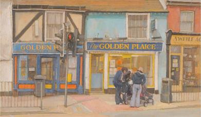 An image of a painting by artist Charles Debenham, a group of people are stood outside of a fish & chip shop on North Station Road Colchester