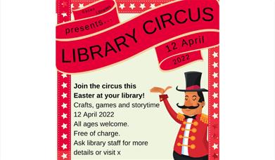 Poster advertising Circus Library with a cartoon ringmaster