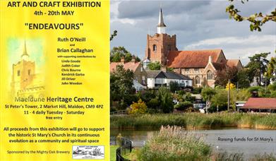 Yellow poster for art exhibition alongside photo of St Mary's church behind the Promenade Park ornamental lake