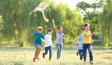 Children flying kites in a park
