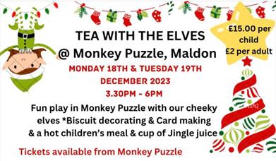 Poster for Tea with the Elves with playful elf hanging upside down from Christmas lights