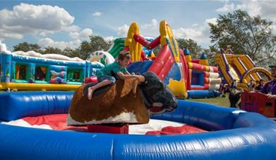 Inflatable fun day at Maldon, including child on bucking bull