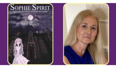 Book Cover of Sophie Spirit and the Battling Manor Mystery and photo of author Sam Scott