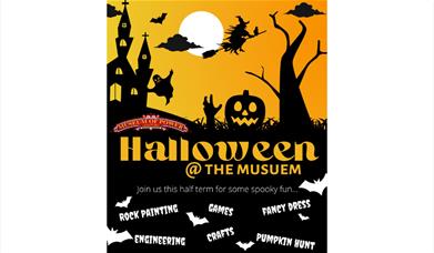 Halloween poster with silhouette of house, pumpkin, tree and ghost on orange background