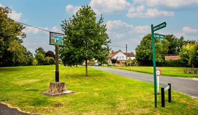 A village green, showing a Ridgewell village sign, a tree and a signpost to the School.