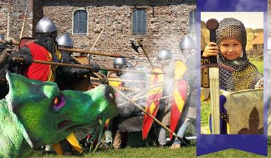 Colchester Castle Under Siege with knights and a dragon.