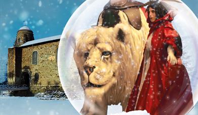 The Snow Lion and Snow Queen stand in front of the Castle