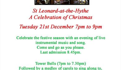 Celebrate the festive season with an evening of live instrumental music and song. Come and go as you please. Last admission 8.45pm

Tower bells - 7pm