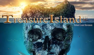 an illustration of an island floating on clear blue water. under the surface of the water, the rock formations resemble a human skull