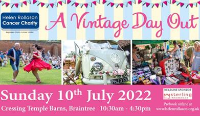 Poster showing a vintage VW, jazz dancing and vintage clothing for sale at Cressing Temple Barns