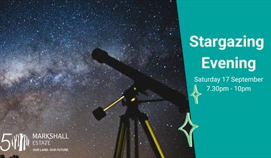 Stargazing poster with telescope in foreground against a star lit sky